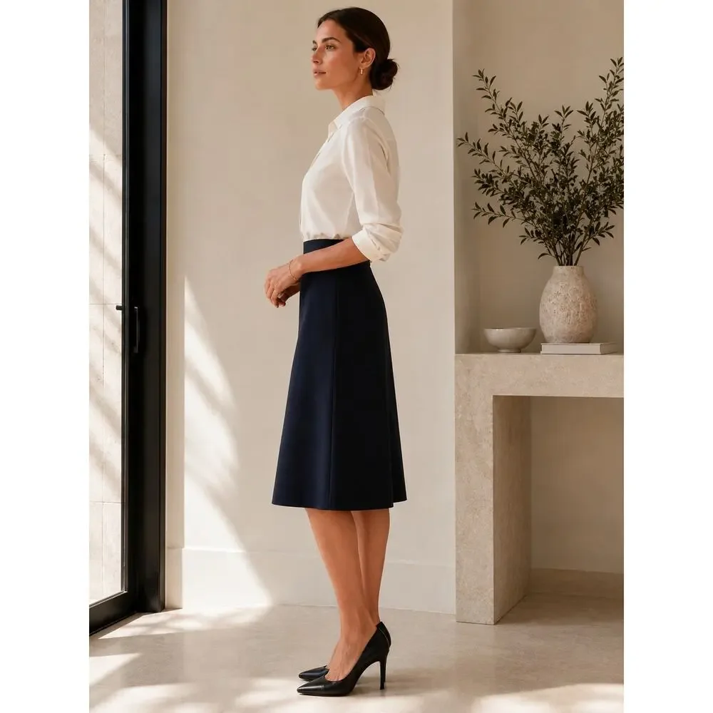Vintage Paul Stuart Made in Italy Navy Silk Blend A-Line Midi Skirt Quiet Luxury